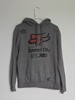 Fox Gray Hoodie with Red Logo and Black Text